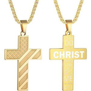Gold American Flag Christ Cross Necklace Men Stainless Steel Box Chain 22 inch
